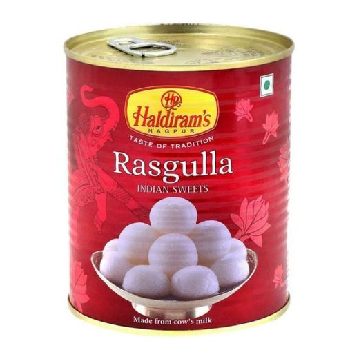 Groot blik Haldiram's Rasgulla 1kg bij Targetmart - Traditionele Indiase zoetigheid van zachte kaasballetjes in suikersiroop.