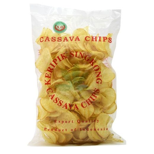 X.O. Cassava Chips 250g verpakking bij Targetmart - Krokante witte maniok chips, een populair en glutenvrij alternatief voor aardappelchips.