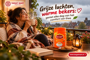 Gezellig theemoment op het balkon met Wagh Bakri thee en warme beker bij Targetmart