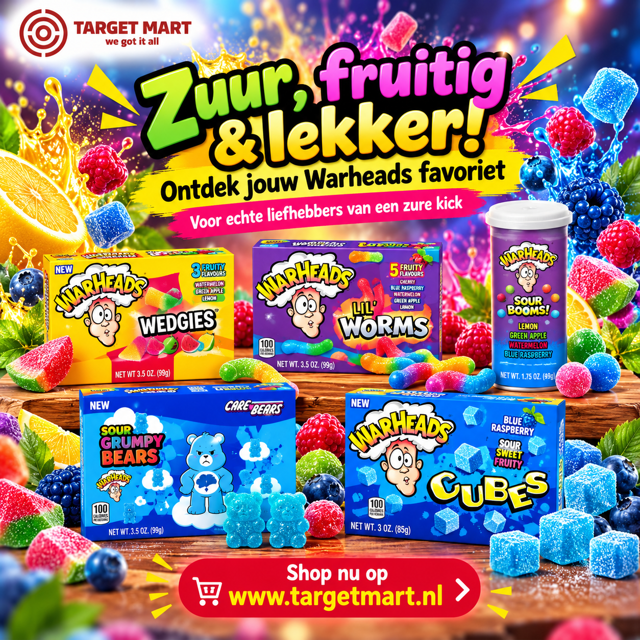 Warheads Wedgies, Lil’ Worms, Sour Booms, Sour Grumpy Bears en Blue Raspberry Cubes bij Targetmart.nl